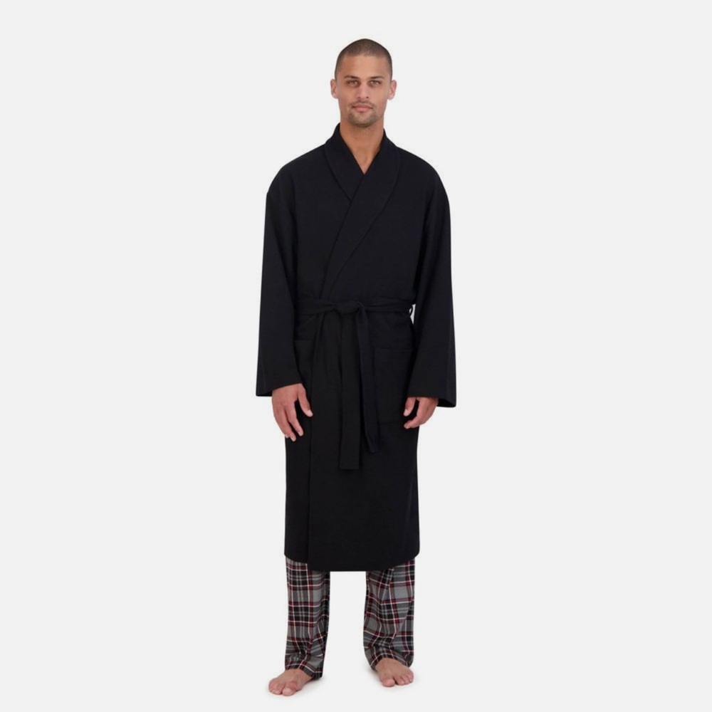 Men’s Hanes Premium Solid Waffle Sleep Robe- Black ONE SIZE FITS MOST